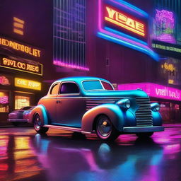 A 1939 Chevy coupe modified with large truck tires, set in a vibrant cyberpunk cityscape