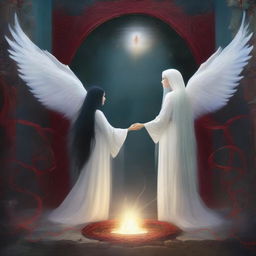 A magical portal between two worlds, featuring a human woman with long black hair and a female angel with long white hair emerging from opposite sides