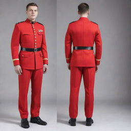 A full body depiction of a cool, men's military uniform in vibrant red, including distinctive details front and back