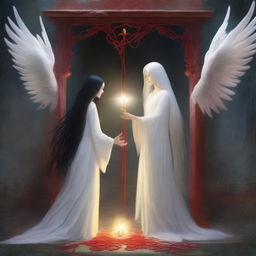 A magical portal between two worlds, featuring a human woman with long black hair and a female angel with long white hair emerging from opposite sides