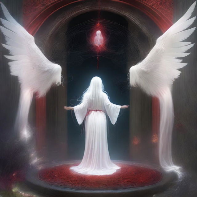 A magical portal between two worlds, featuring a human woman with long black hair and a female angel with long white hair emerging from opposite sides