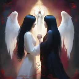 A magical portal between two worlds, featuring a human woman with long black hair and a female angel with long white hair emerging from opposite sides