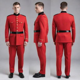 A full body depiction of a cool, men's military uniform in vibrant red, including distinctive details front and back