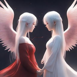 A red thread connecting two girls, one with wings and white hair, and the other without wings and with dark hair