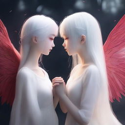 A red thread connecting two girls, one with wings and white hair, and the other without wings and with dark hair