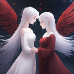 A red thread connecting two girls, one with wings and white hair, and the other without wings and with dark hair