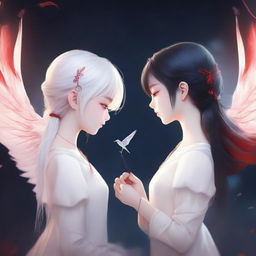 A red thread connecting two girls, one with wings and white hair, and the other without wings and with dark hair