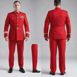 A full body depiction of a cool, men's military uniform in vibrant red, including distinctive details front and back