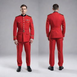 A full body depiction of a cool, men's military uniform in vibrant red, including distinctive details front and back