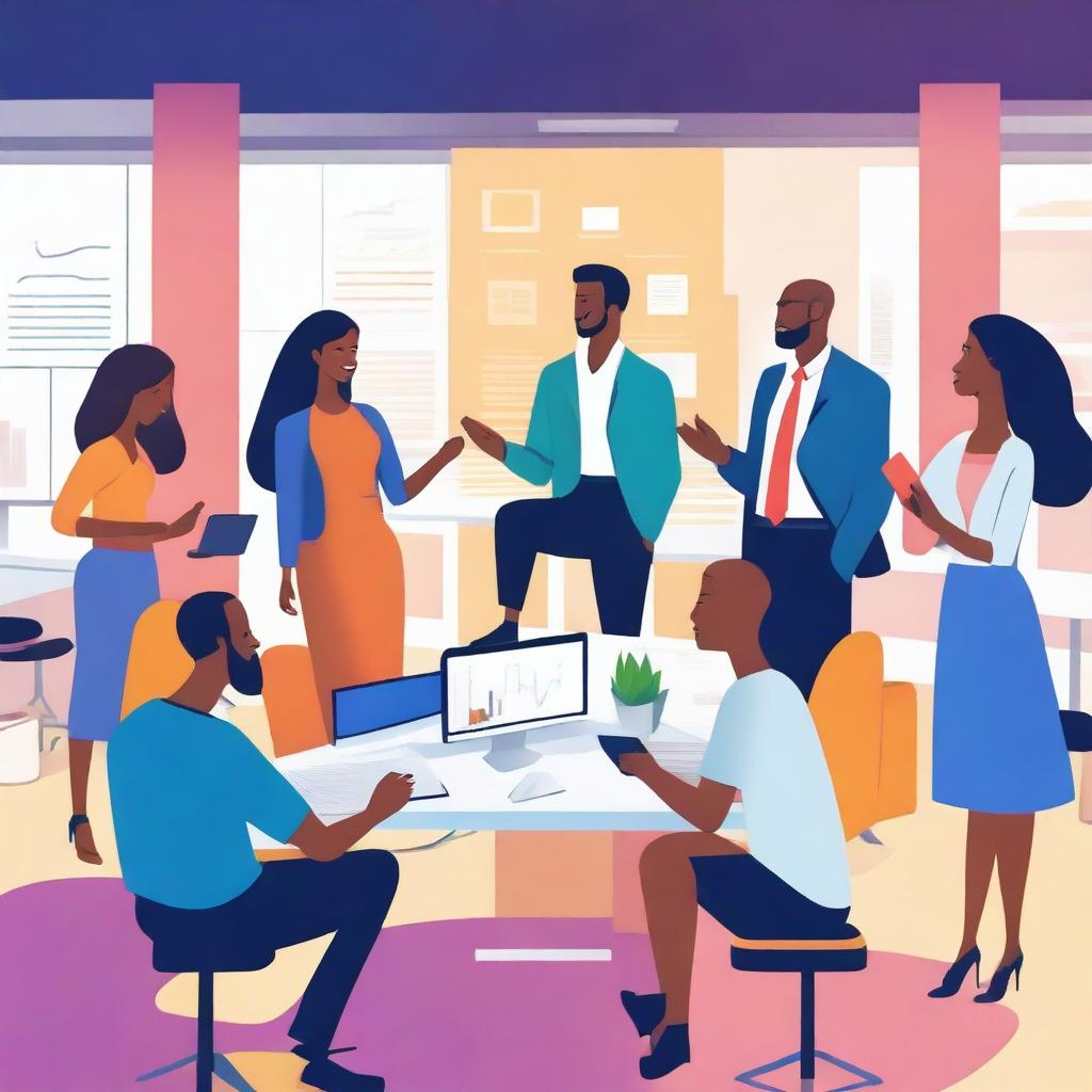 A vibrant and inspiring scene celebrating entrepreneurship, featuring diverse business people working together, brainstorming, and innovating in a modern office space