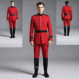 A full body, front and back view of a stylish men's military uniform in red with black accents, showcasing details of design and structure