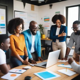 A vibrant and inspiring scene celebrating entrepreneurship, featuring diverse business people working together, brainstorming, and innovating in a modern office space