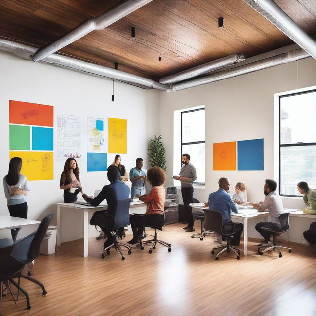 A vibrant and inspiring scene celebrating entrepreneurship, featuring diverse business people working together, brainstorming, and innovating in a modern office space