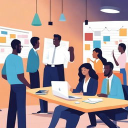 A vibrant and inspiring scene celebrating entrepreneurship, featuring diverse business people working together, brainstorming, and innovating in a modern office space