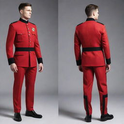 A full body, front and back view of a stylish men's military uniform in red with black accents, showcasing details of design and structure