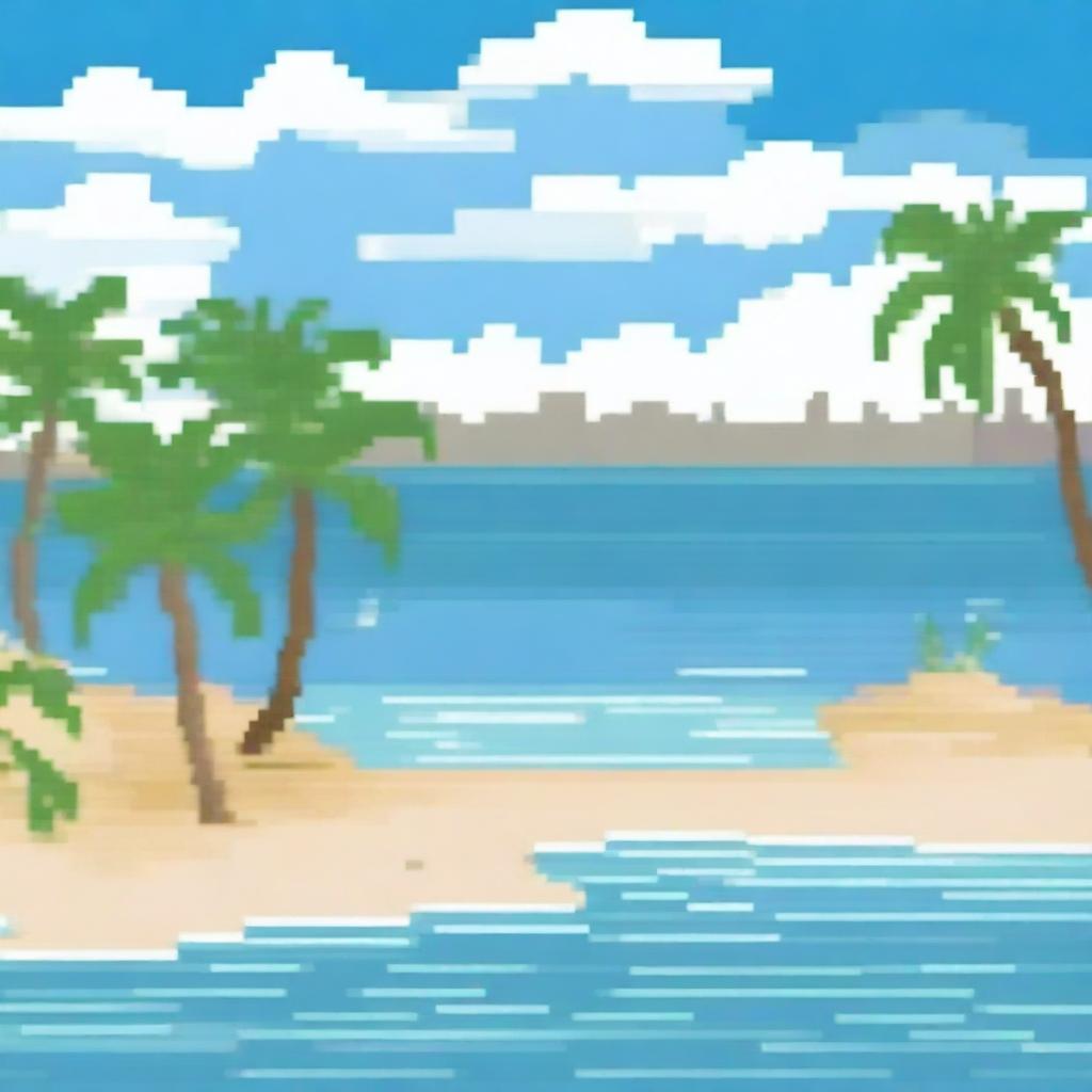 Create a pixel art image of a beach scene with palm trees on the sides