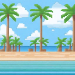 Create a pixel art image of a beach scene with palm trees on the sides