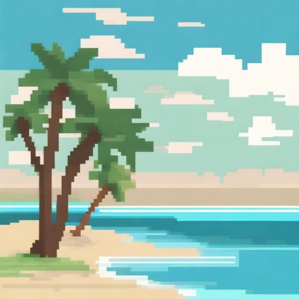 Create a pixel art image of a beach scene with palm trees on the sides