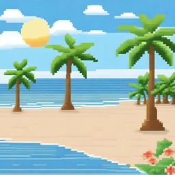 Create a pixel art image of a beach scene with palm trees on the sides