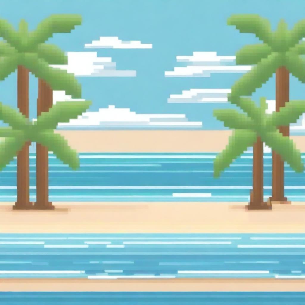 Create a high-resolution pixel art image of a beach scene with palm trees on the sides