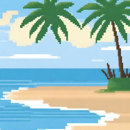 Create a high-resolution pixel art image of a beach scene with palm trees on the sides