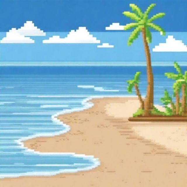 Create a high-resolution pixel art image of a beach scene with palm trees on the sides