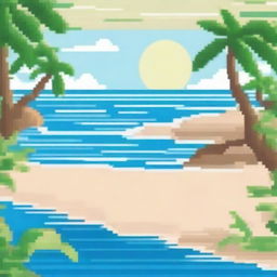 Create a high-resolution pixel art image of a beach scene with palm trees on the sides