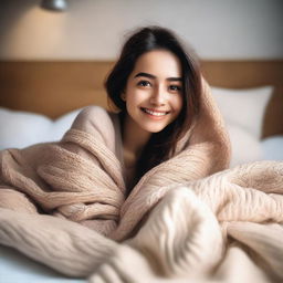 A cute girl with a cheerful expression, lying in a cozy bed with soft pillows and a warm blanket