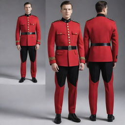 A full body, front and back view of a stylish men's military uniform in red with black accents, showcasing details of design and structure