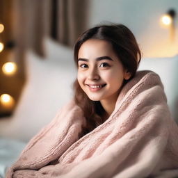 A cute girl with a cheerful expression, lying in a cozy bed with soft pillows and a warm blanket