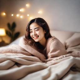 A cute girl with a cheerful expression, lying in a cozy bed with soft pillows and a warm blanket