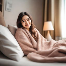 A cute girl with a cheerful expression, lying in a cozy bed with soft pillows and a warm blanket