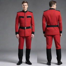 A full body, front and back view of a stylish men's military uniform in red with black accents, showcasing details of design and structure