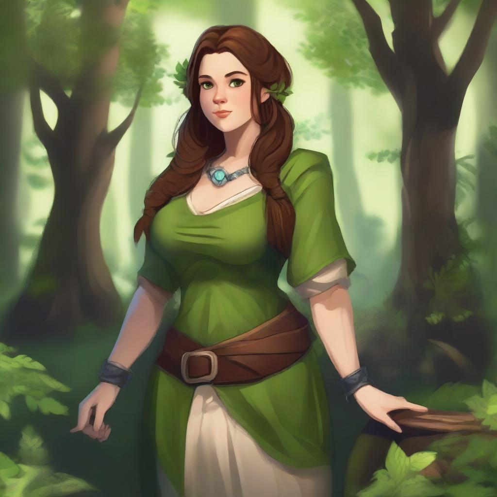 A female dwarf druid standing in a lush forest