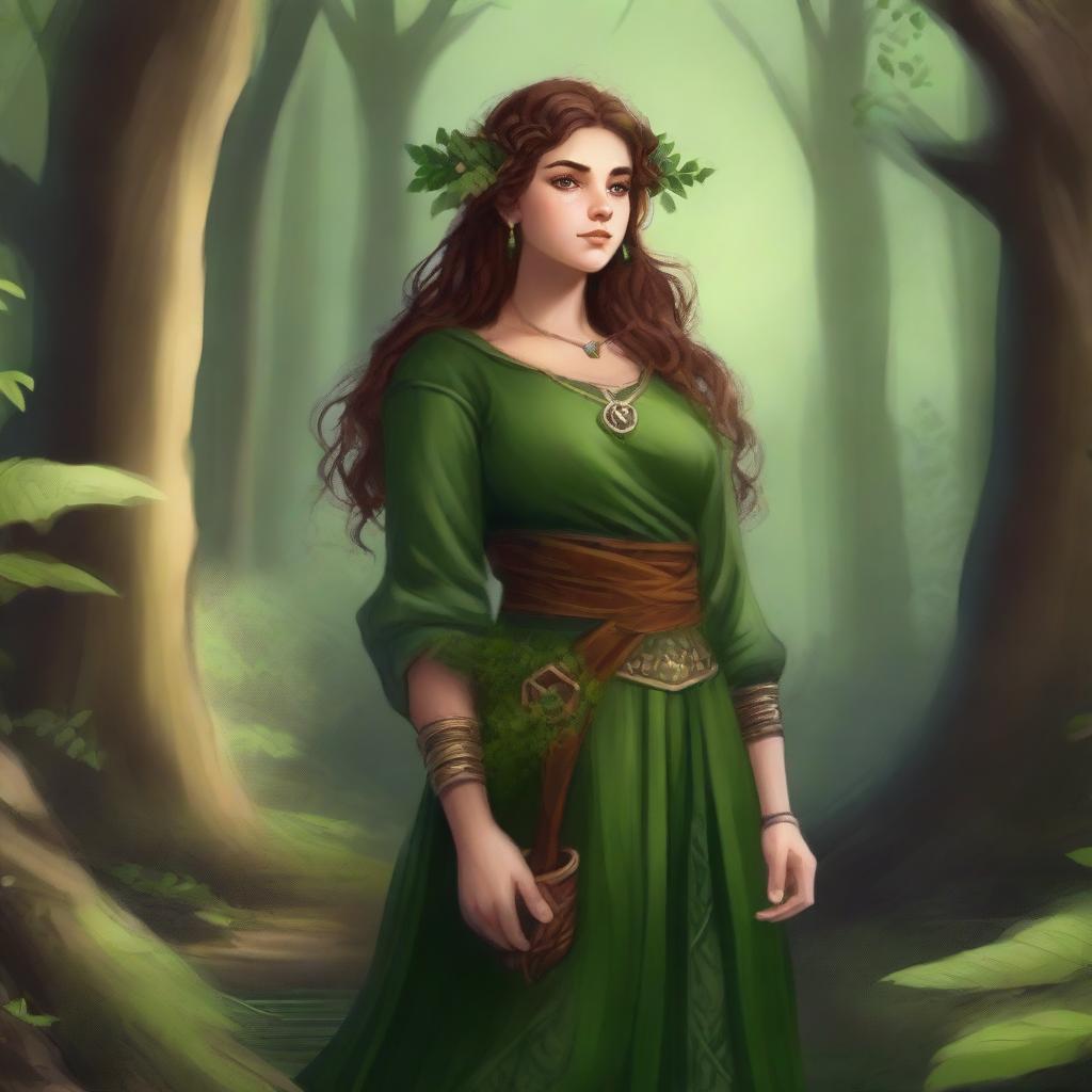 A female dwarf druid standing in a lush forest