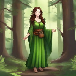 A female dwarf druid standing in a lush forest