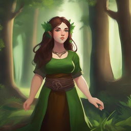 A female dwarf druid standing in a lush forest