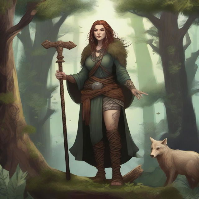 A detailed illustration of a female dwarven druid