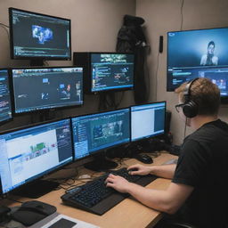 A busy streamer named Kangel swamped with multiple tasks, surrounded by monitors displaying live chat, game screens, and donation notifications.