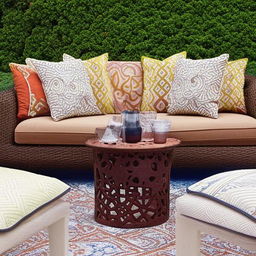 Elegant outdoor seating fashioned from the sophistication of Arabic lines and patterns, with plush cushions, strong geometric motifs, and detailed designs in opulent colors.