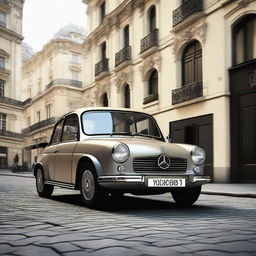 Create an image that imagines a hybrid car between a Mercedes Benz and a Renault 4