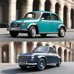 Create an image that imagines a hybrid car between a Mercedes Benz and a Renault 4