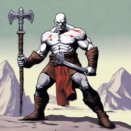 A Goliath character from Dungeons and Dragons, with a bald head, covered in war paint, holding a battleaxe