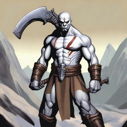 A Goliath character from Dungeons and Dragons, with a bald head, covered in war paint, holding a battleaxe