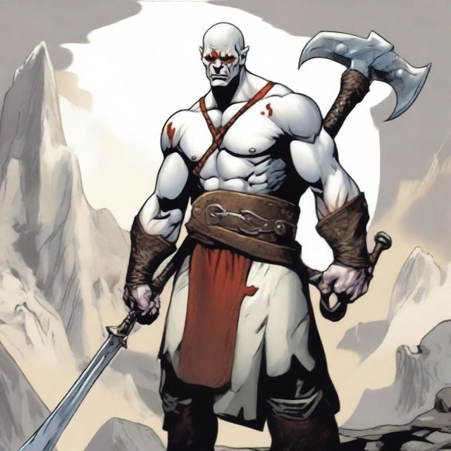 A Goliath character from Dungeons and Dragons, with a bald head, covered in war paint, holding a battleaxe