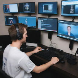 A busy streamer named Kangel swamped with multiple tasks, surrounded by monitors displaying live chat, game screens, and donation notifications.