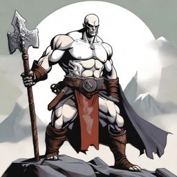 A Goliath character from Dungeons and Dragons, with a bald head, covered in war paint, holding a battleaxe