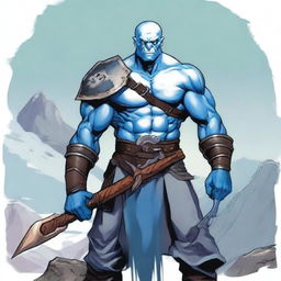 A Goliath character from Dungeons and Dragons, with a bald head, covered in blue war paint, holding a battleaxe