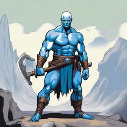 A Goliath character from Dungeons and Dragons, with a bald head, covered in blue war paint, holding a battleaxe