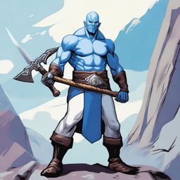A Goliath character from Dungeons and Dragons, with a bald head, covered in blue war paint, holding a battleaxe